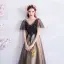 Modern / Fashion Black Champagne Prom Dresses 2019 A-Line / Princess V-Neck Short Sleeve Appliques Lace Beading Floor-Length / Long Ruffle Backless Formal Dresses