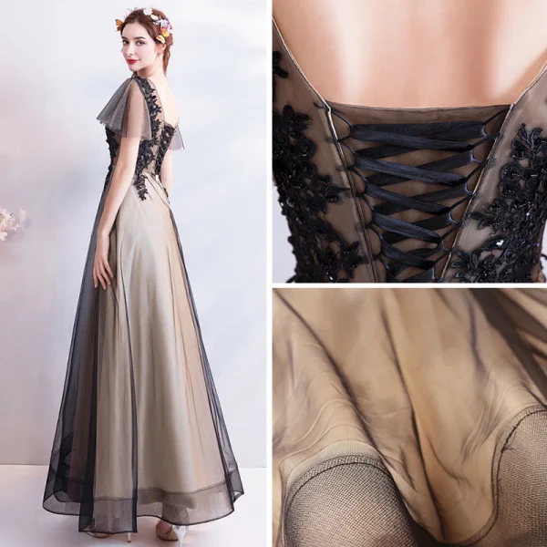 Modern / Fashion Black Champagne Prom Dresses 2019 A-Line / Princess V-Neck Short Sleeve Appliques Lace Beading Floor-Length / Long Ruffle Backless Formal Dresses
