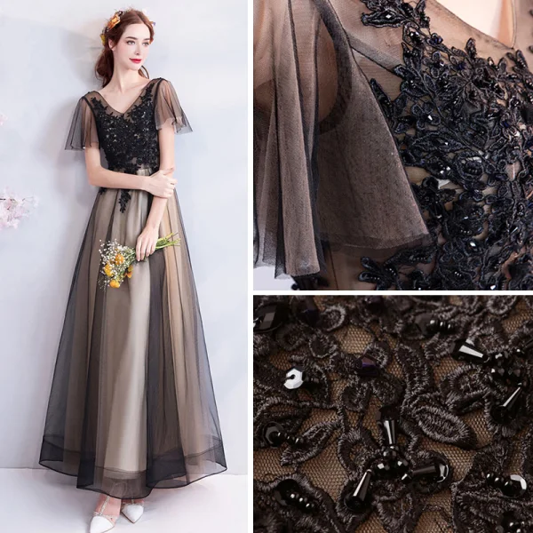 Modern / Fashion Black Champagne Prom Dresses 2019 A-Line / Princess V-Neck Short Sleeve Appliques Lace Beading Floor-Length / Long Ruffle Backless Formal Dresses
