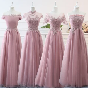 Prisvärd Rodnande Rosa Tärnklänningar 2019 Prinsessa Appliqués Spets Långa Ruffle Halterneck Klänning Till Bröllop