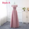 Affordable Blushing Pink Bridesmaid Dresses 2019 A-Line / Princess Appliques Lace Floor-Length / Long Ruffle Backless Wedding Party Dresses