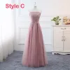 Affordable Blushing Pink Bridesmaid Dresses 2019 A-Line / Princess Appliques Lace Floor-Length / Long Ruffle Backless Wedding Party Dresses