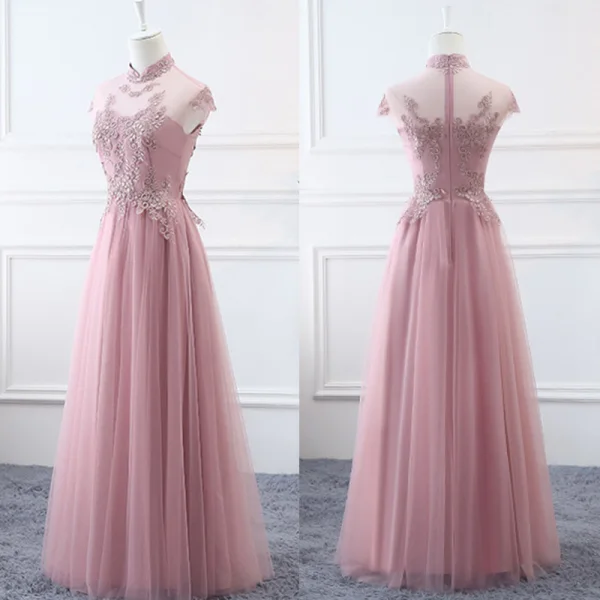 Affordable Blushing Pink Bridesmaid Dresses 2019 A-Line / Princess Appliques Lace Floor-Length / Long Ruffle Backless Wedding Party Dresses