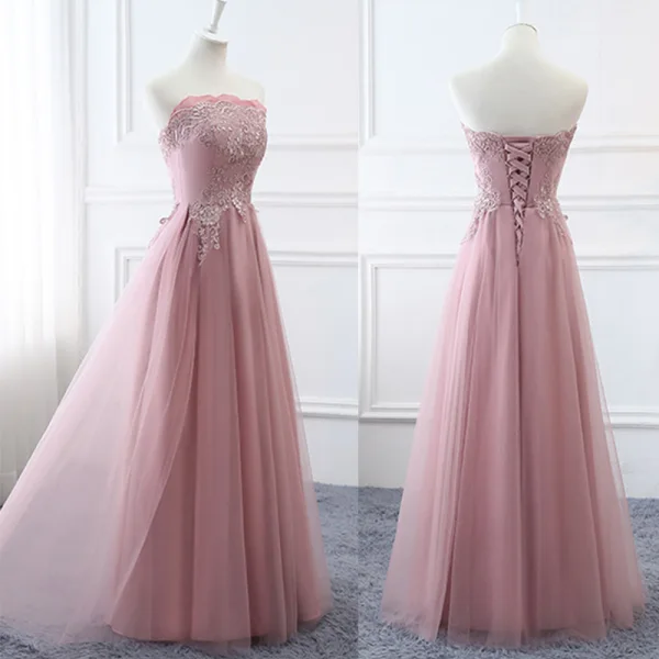 Affordable Blushing Pink Bridesmaid Dresses 2019 A-Line / Princess Appliques Lace Floor-Length / Long Ruffle Backless Wedding Party Dresses