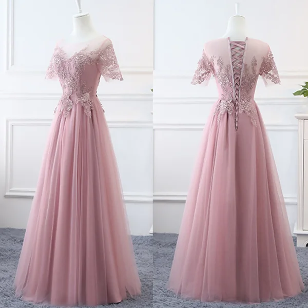 Affordable Blushing Pink Bridesmaid Dresses 2019 A-Line / Princess Appliques Lace Floor-Length / Long Ruffle Backless Wedding Party Dresses