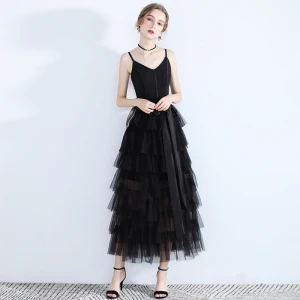 Modest Simple Black Homecoming Graduation Dresses 2019 A Line Princess Spaghetti Straps Sleeveless Tea Length Cascading Ruffles Backless Formal Dresses