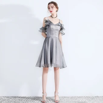 Modern Fashion Grey Homecoming Graduation Dresses 2019 A Line Princess Spaghetti Straps Sleeveless Glitter Organza Short Ruffle Backless Formal Dresses