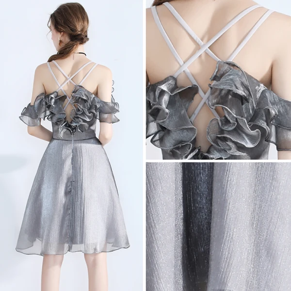 Modern / Fashion Grey Homecoming Graduation Dresses 2019 A-Line / Princess Spaghetti Straps Sleeveless Glitter Organza Short Ruffle Backless Formal Dresses