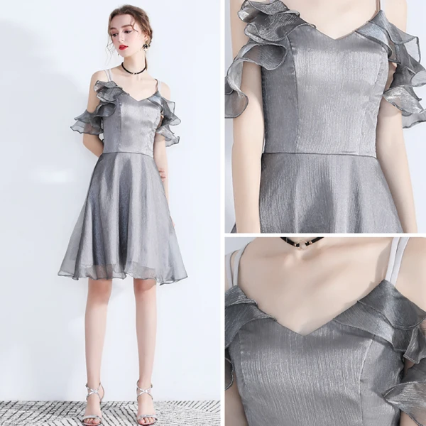 Modern / Fashion Grey Homecoming Graduation Dresses 2019 A-Line / Princess Spaghetti Straps Sleeveless Glitter Organza Short Ruffle Backless Formal Dresses