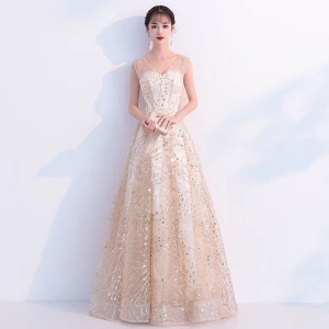 Bling Bling Champagne Transparentes Robe De Bal 2019 Princesse V Cou Sans Manches Glitter Tulle Métal Ceinture Longue Volants Dos Nu Robe De Ceremonie