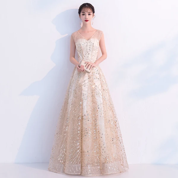 a-line/princess paillette tulle v-neck floor-length sleeveless dresses A-Line Ankle Length Lace Tulle Sleeveless Wedding Dress COCOMELODY CW3020, 25 Days / As Picture:Ivory/Nude / US16-UK18-EUR46 main image 1