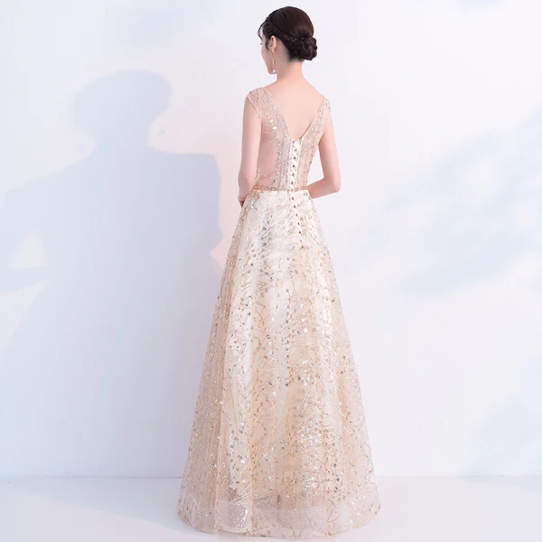Bling Bling Champagne See-through Prom Dresses 2019 A-Line / Princess V-Neck Sleeveless Glitter Tulle Metal Sash Floor-Length / Long Ruffle Backless Formal Dresses
