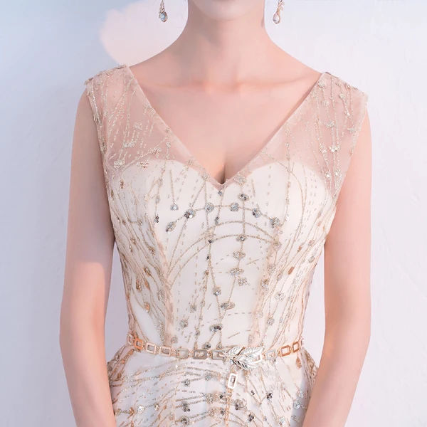 Bling Bling Champagne See-through Prom Dresses 2019 A-Line / Princess V-Neck Sleeveless Glitter Tulle Metal Sash Floor-Length / Long Ruffle Backless Formal Dresses