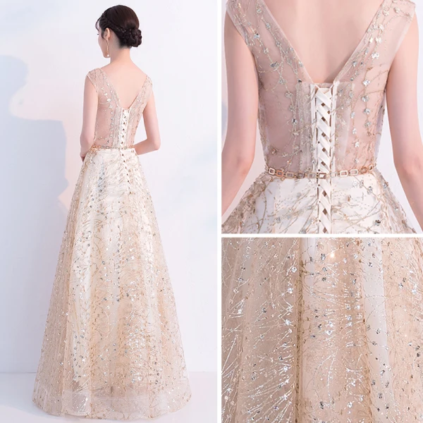 Bling Bling Champagne See-through Prom Dresses 2019 A-Line / Princess V-Neck Sleeveless Glitter Tulle Metal Sash Floor-Length / Long Ruffle Backless Formal Dresses