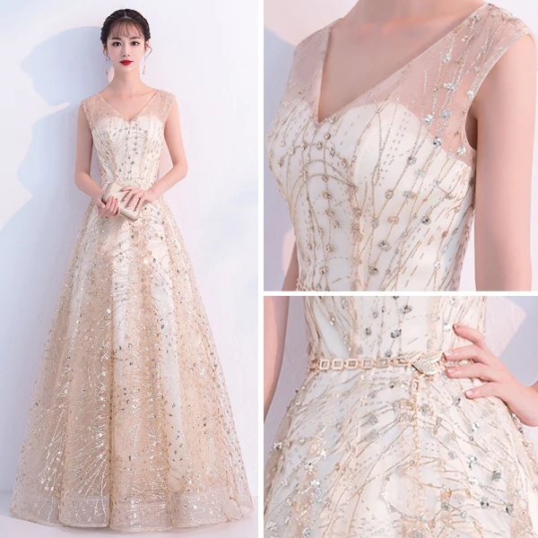 Bling Bling Champagne See-through Prom Dresses 2019 A-Line / Princess V-Neck Sleeveless Glitter Tulle Metal Sash Floor-Length / Long Ruffle Backless Formal Dresses