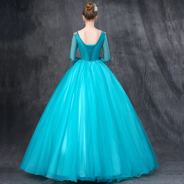 Chic / Beautiful Jade Green Prom Dresses 2019 Ball Gown V-Neck 3/4 Sleeve Appliques Lace Pearl Rhinestone Floor-Length / Long Ruffle Backless Formal Dresses