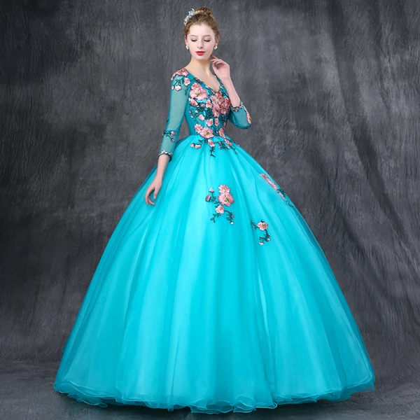 Chic / Beautiful Jade Green Prom Dresses 2019 Ball Gown V-Neck 3/4 Sleeve Appliques Lace Pearl Rhinestone Floor-Length / Long Ruffle Backless Formal Dresses