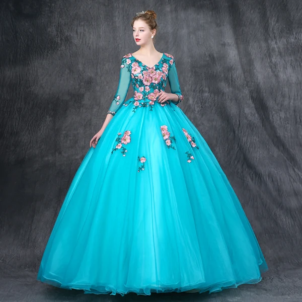 Chic / Beautiful Jade Green Prom Dresses 2019 Ball Gown V-Neck 3/4 Sleeve Appliques Lace Pearl Rhinestone Floor-Length / Long Ruffle Backless Formal Dresses