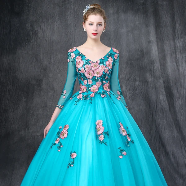 Chic / Beautiful Jade Green Prom Dresses 2019 Ball Gown V-Neck 3/4 Sleeve Appliques Lace Pearl Rhinestone Floor-Length / Long Ruffle Backless Formal Dresses