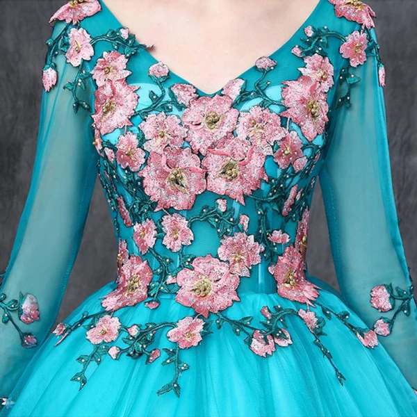 Chic / Beautiful Jade Green Prom Dresses 2019 Ball Gown V-Neck 3/4 Sleeve Appliques Lace Pearl Rhinestone Floor-Length / Long Ruffle Backless Formal Dresses