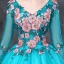 Chic / Beautiful Jade Green Prom Dresses 2019 Ball Gown V-Neck 3/4 Sleeve Appliques Lace Pearl Rhinestone Floor-Length / Long Ruffle Backless Formal Dresses