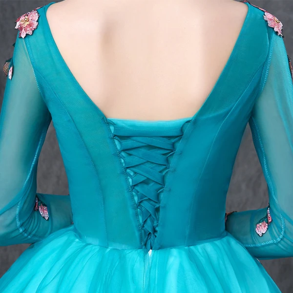 Chic / Beautiful Jade Green Prom Dresses 2019 Ball Gown V-Neck 3/4 Sleeve Appliques Lace Pearl Rhinestone Floor-Length / Long Ruffle Backless Formal Dresses