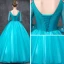 Chic / Beautiful Jade Green Prom Dresses 2019 Ball Gown V-Neck 3/4 Sleeve Appliques Lace Pearl Rhinestone Floor-Length / Long Ruffle Backless Formal Dresses