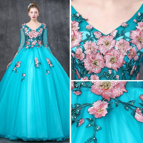 Chic / Beautiful Jade Green Prom Dresses 2019 Ball Gown V-Neck 3/4 Sleeve Appliques Lace Pearl Rhinestone Floor-Length / Long Ruffle Backless Formal Dresses