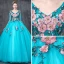 Chic / Beautiful Jade Green Prom Dresses 2019 Ball Gown V-Neck 3/4 Sleeve Appliques Lace Pearl Rhinestone Floor-Length / Long Ruffle Backless Formal Dresses