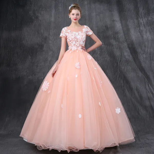 Romantic Pearl Pink Prom Dresses 2019 A-Line / Princess Scoop Neck Short Sleeve Appliques Flower Pearl Beading Floor-Length / Long Ruffle Backless Formal Dresses