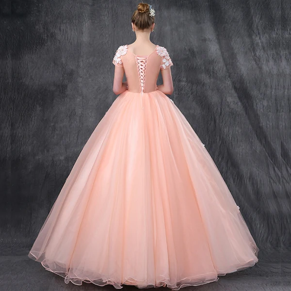 Romantique Perle Rose Robe De Bal 2019 Princesse Encolure Dégagée Manches Courtes Appliques Fleur Perle Perlage Longue Volants Dos Nu Robe De Ceremonie