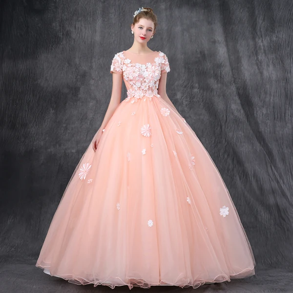 Romantique Perle Rose Robe De Bal 2019 Princesse Encolure Dégagée Manches Courtes Appliques Fleur Perle Perlage Longue Volants Dos Nu Robe De Ceremonie