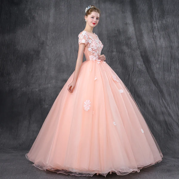 Romantique Perle Rose Robe De Bal 2019 Princesse Encolure Dégagée Manches Courtes Appliques Fleur Perle Perlage Longue Volants Dos Nu Robe De Ceremonie