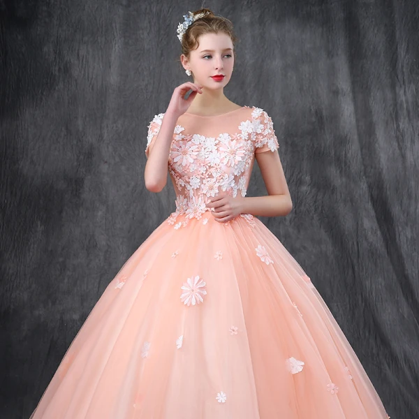 Romantique Perle Rose Robe De Bal 2019 Princesse Encolure Dégagée Manches Courtes Appliques Fleur Perle Perlage Longue Volants Dos Nu Robe De Ceremonie