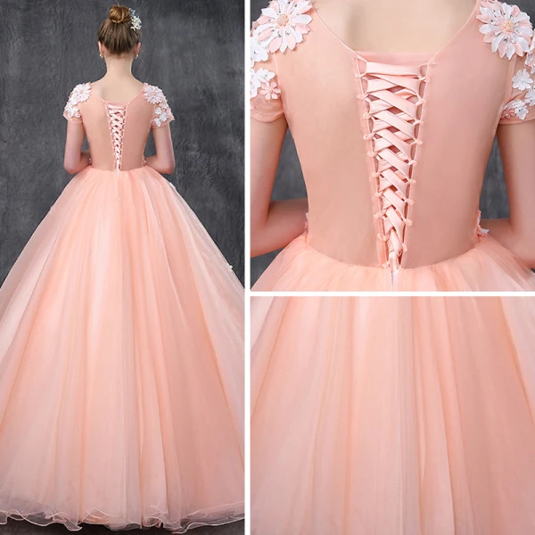 Romantique Perle Rose Robe De Bal 2019 Princesse Encolure Dégagée Manches Courtes Appliques Fleur Perle Perlage Longue Volants Dos Nu Robe De Ceremonie