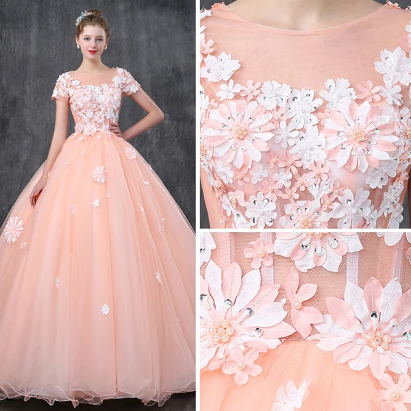 Romantique Perle Rose Robe De Bal 2019 Princesse Encolure Dégagée Manches Courtes Appliques Fleur Perle Perlage Longue Volants Dos Nu Robe De Ceremonie
