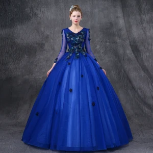 Vintage Quinceañera Kongeblå Ballkjoler 2019 Ballkjole V Hals Langermede Appliques Blonder Perle Lange Buste Ryggløse Formelle Kjoler