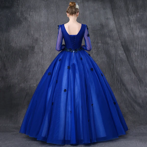 Vintage / Retro Quinceañera Royal Blue Prom Dresses 2019 Ball Gown V-Neck Long Sleeve Appliques Lace Pearl Floor-Length / Long Ruffle Backless Formal Dresses