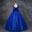 Vintage / Retro Quinceañera Royal Blue Prom Dresses 2019 Ball Gown V-Neck Long Sleeve Appliques Lace Pearl Floor-Length / Long Ruffle Backless Formal Dresses
