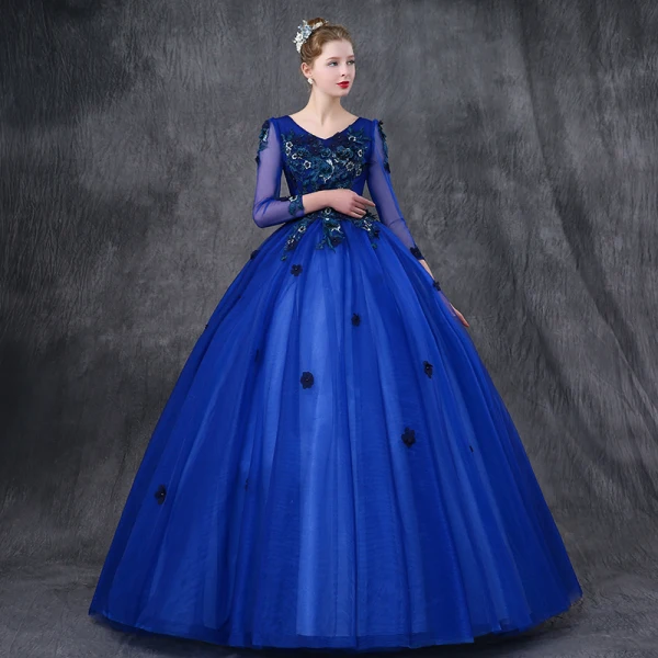Vintage / Retro Quinceañera Royal Blue Prom Dresses 2019 Ball Gown V-Neck Long Sleeve Appliques Lace Pearl Floor-Length / Long Ruffle Backless Formal Dresses