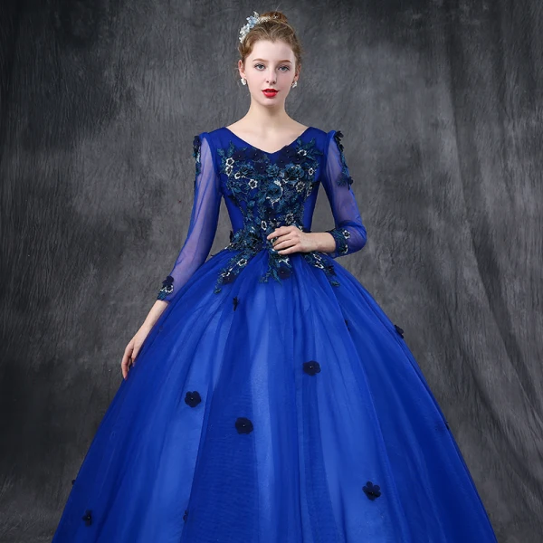 Vintage / Retro Quinceañera Royal Blue Prom Dresses 2019 Ball Gown V-Neck Long Sleeve Appliques Lace Pearl Floor-Length / Long Ruffle Backless Formal Dresses