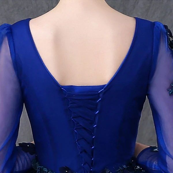Vintage / Retro Quinceañera Royal Blue Prom Dresses 2019 Ball Gown V-Neck Long Sleeve Appliques Lace Pearl Floor-Length / Long Ruffle Backless Formal Dresses