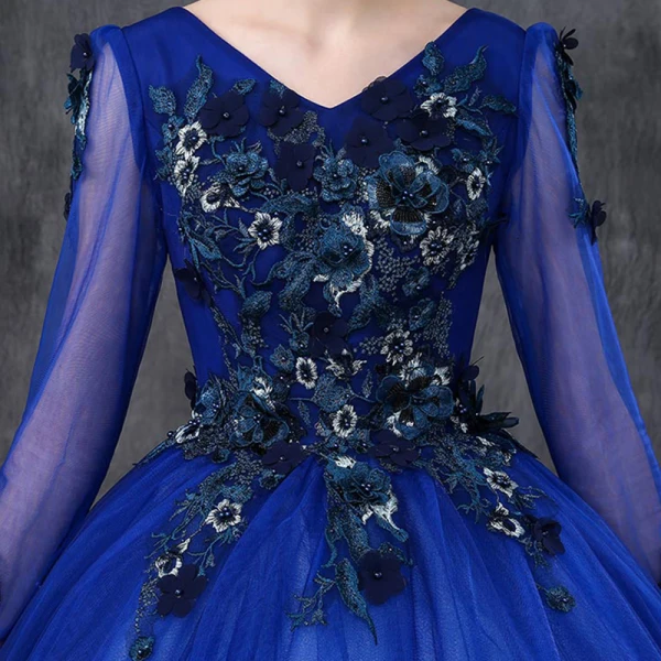 Vintage / Retro Quinceañera Royal Blue Prom Dresses 2019 Ball Gown V-Neck Long Sleeve Appliques Lace Pearl Floor-Length / Long Ruffle Backless Formal Dresses
