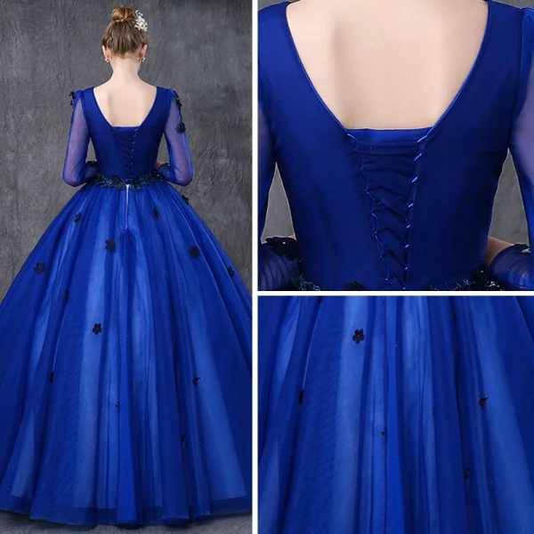 Vintage / Retro Quinceañera Royal Blue Prom Dresses 2019 Ball Gown V-Neck Long Sleeve Appliques Lace Pearl Floor-Length / Long Ruffle Backless Formal Dresses