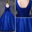 Vintage / Retro Quinceañera Royal Blue Prom Dresses 2019 Ball Gown V-Neck Long Sleeve Appliques Lace Pearl Floor-Length / Long Ruffle Backless Formal Dresses