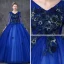 Vintage / Retro Quinceañera Royal Blue Prom Dresses 2019 Ball Gown V-Neck Long Sleeve Appliques Lace Pearl Floor-Length / Long Ruffle Backless Formal Dresses