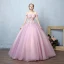 Illusion Blushing Pink See-through Prom Dresses 2019 Ball Gown Off-The-Shoulder Short Sleeve Appliques Lace Pearl Rhinestone Floor-Length / Long Ruffle Backless Formal Dresses