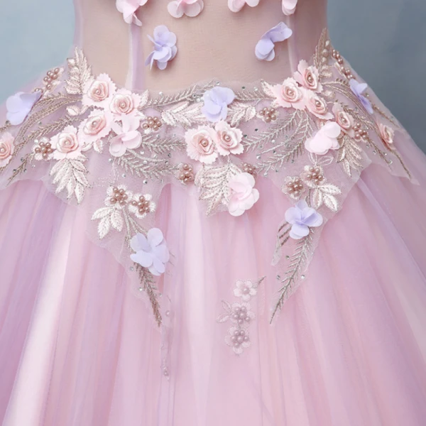Illusion Blushing Pink See-through Prom Dresses 2019 Ball Gown Off-The-Shoulder Short Sleeve Appliques Lace Pearl Rhinestone Floor-Length / Long Ruffle Backless Formal Dresses