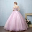Illusion Blushing Pink See-through Prom Dresses 2019 Ball Gown Off-The-Shoulder Short Sleeve Appliques Lace Pearl Rhinestone Floor-Length / Long Ruffle Backless Formal Dresses