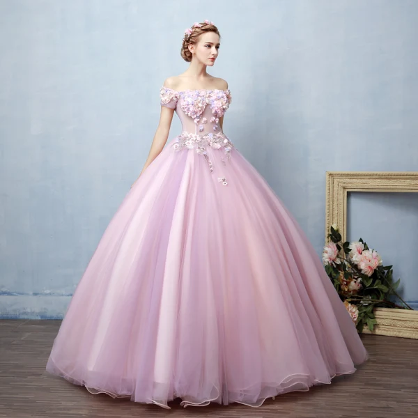 Illusion Blushing Pink See-through Prom Dresses 2019 Ball Gown Off-The-Shoulder Short Sleeve Appliques Lace Pearl Rhinestone Floor-Length / Long Ruffle Backless Formal Dresses